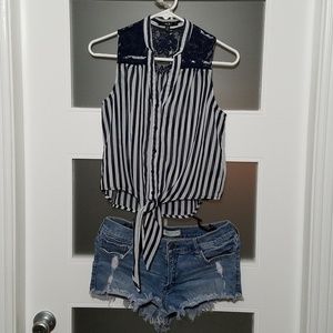 Papaya V-neck Sheer Floral White & Blue Stripes